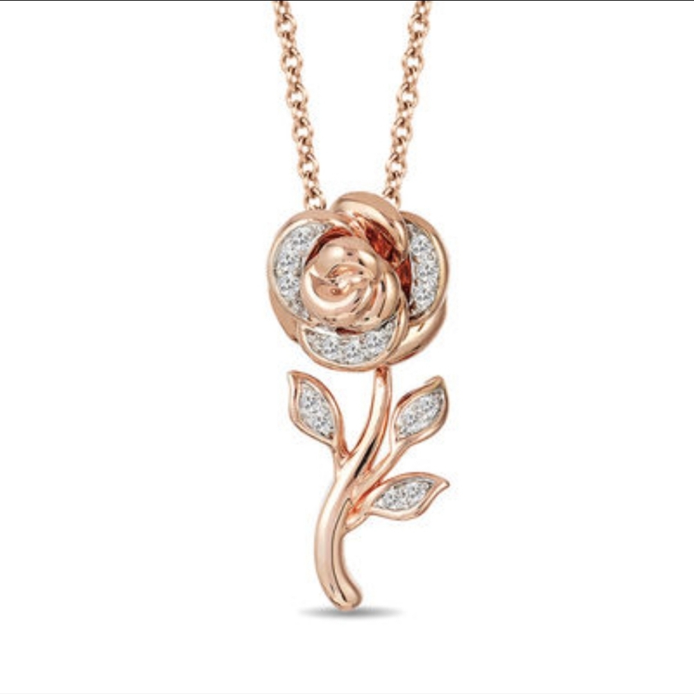 Enchanted Disney Belle 1/10 CT. T.W. Diamond Rose Pendant in 10K Rose Go…